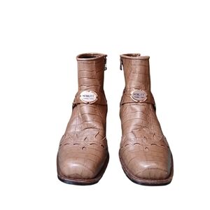 Nobility Tan Croc Leather Moto Cowboy Ankle Boots Zipper Men 11 AAA Extra Narrow